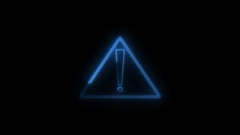 Glowing neon warning icon animation blue colour on black background Video stock 298010462