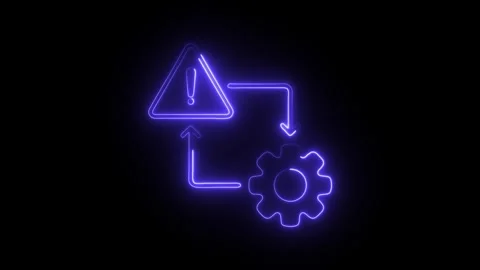 Glowing neon warning sign and gear icon connected by arrows symbolizing pro.. Stock Footage 314712502