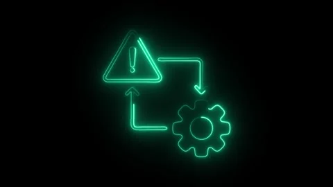 Glowing neon warning sign with exclamation mark connected to gear symbol by.. Stock Footage 314712510
