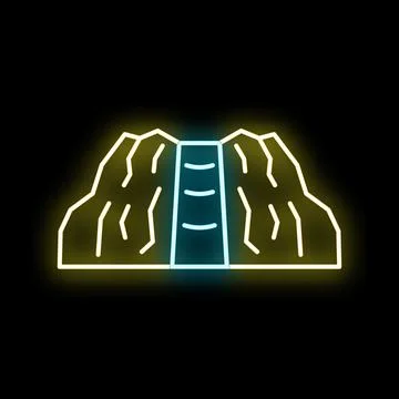 Glowing neon waterfall vector outline icon on black Stock Illustration