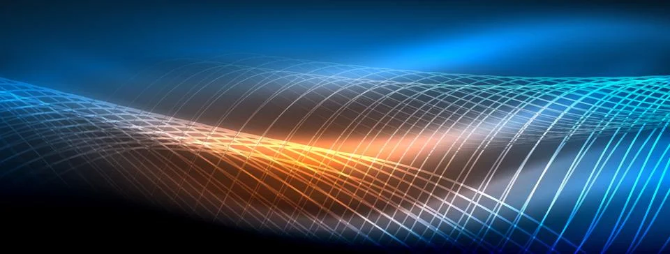 Glowing neon wave abstract background - vibrant, luminescent waves pulsate in a Stock Illustration