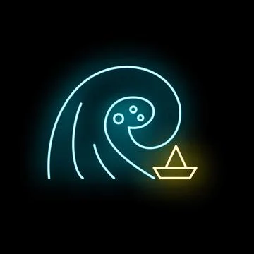 Glowing neon wave approaching small paper boat Illustrazione stock