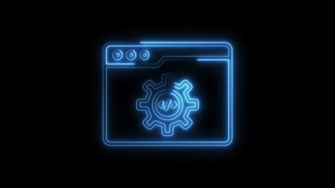 Glowing neon web browser with gear icon animation illustrating software dev.. Stock Footage 312448346