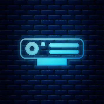 Glowing neon Web camera icon isolated on brick wall background. Chat camera Stockillustratie
