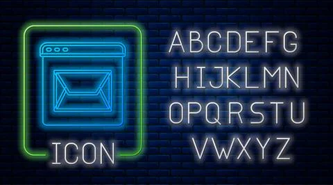 Glowing neon Website and envelope, new message, mail icon isolated on brick wall Stock Illustration