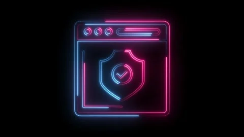 Glowing neon website security symbol shield with check mark on dark background Stock Footage 322989617
