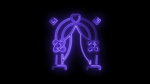 Glowing neon wedding arch with flowers and heart shining on black background Video stock 330774053