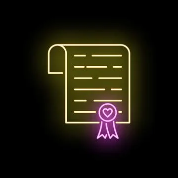 Glowing neon wedding certificate scroll with heart ribbon Stock Illustration