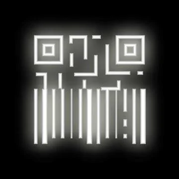 Glowing neon white qr code on black background 스톡 일러스트