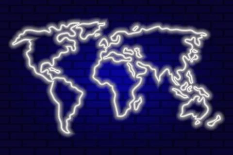 Glowing neon white world map on brick wall background Stock Photos