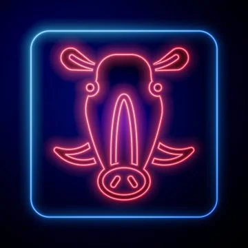 Glowing neon Wild boar head icon isolated on blue background. Animal symbol Stock Illustration