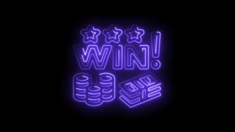 Glowing neon win sign animation with stars money and coins on black backgroun Stock Footage 330780979