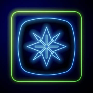 Glowing neon Wind rose icon isolated on blue background. Compass icon for travel Stock Illustration