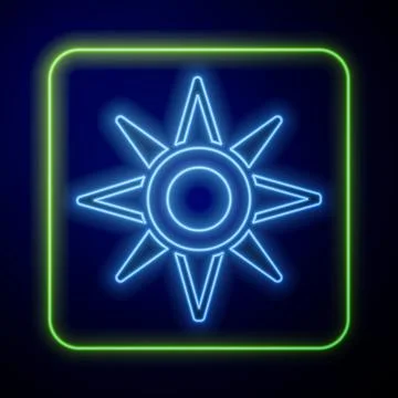 Glowing neon Wind rose icon isolated on blue background. Compass icon for tra Stock Illustration