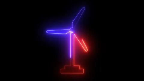 Glowing Neon Windmill Animation | Wind Turbine Scene with Alpha on White BG Stock Footage 309472406