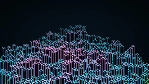 Glowing neon wireframe 3d bar chart data visualization, futuristic landscape Stock Footage 345374994