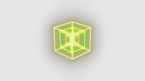 Glowing neon wireframe cube rotates on a transparent background Stock Footage 343729724