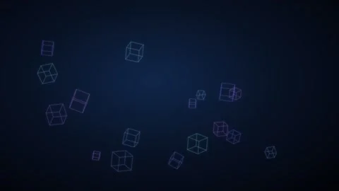 Glowing neon wireframe cubes floating in dark blue space Stock Footage 335862995