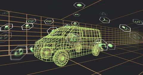 Glowing neon wireframe van moving through orange grid tunnel, with CO2 plug l Stock Illustration