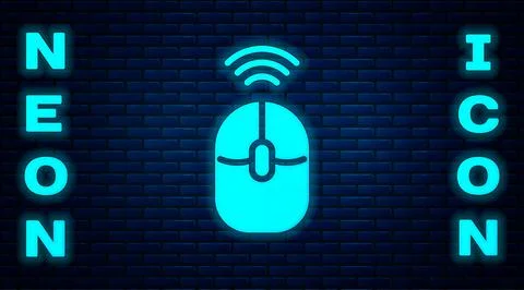 Glowing neon Wireless computer mouse icon isolated on brick wall background Stock Illustration