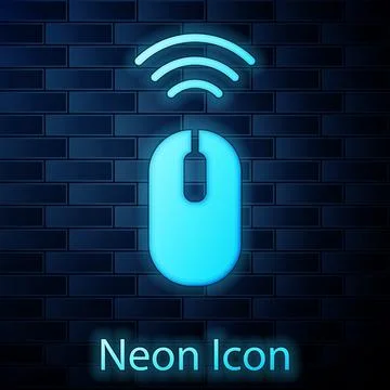 Glowing neon Wireless computer mouse system icon isolated on brick wall bac.. イラスト素材