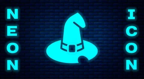 Glowing neon Witch hat icon isolated on brick wall background. Happy Hallowee Stock Illustration