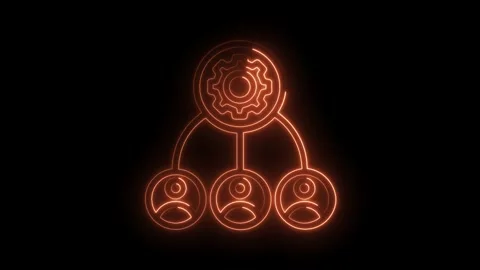 Glowing neon workflow diagram animation on black background with gear and team Stock Footage 322974670