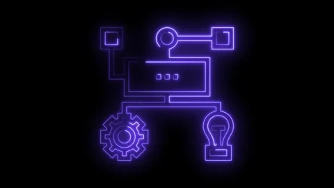Glowing neon workflow diagram on dark backdrop depicting process and Stock Footage 322960688