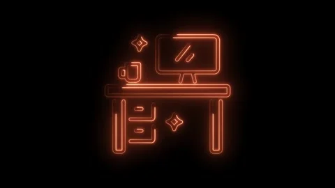 Glowing neon workspace animation with computer,coffee cup and star design e.. Stock Footage 345990893