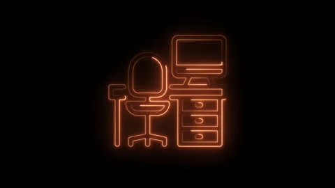 Glowing neon workspace animation showing desk computer and chair on black Stock Footage 322958373