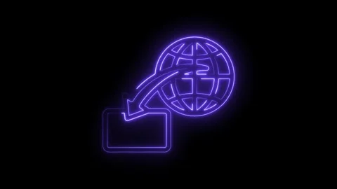 Glowing neon world globe icon downloading to folder on black background Stock Footage 330784198