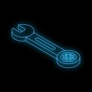 Glowing neon wrench spanner tool isometrically floating on black background Stock Illustration