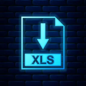 Glowing neon XLS file document icon. Download XLS button icon isolated on brick Stock Illustration