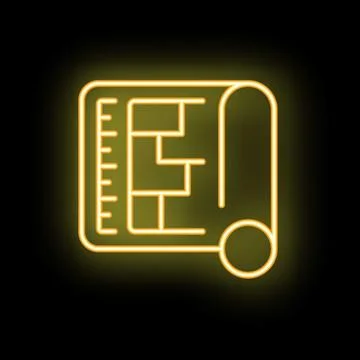 Glowing neon yellow building plan icon is isolated on a black background, sym Ilustración de archivo