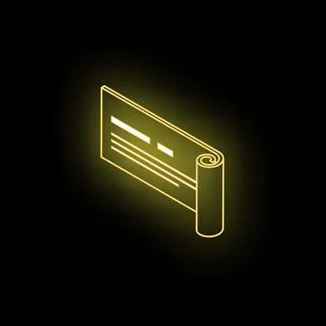 Glowing neon yellow checkbook isometric icon on black background Stock Illustration