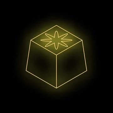 Glowing neon yellow cube with star design on black background Stock Illustration