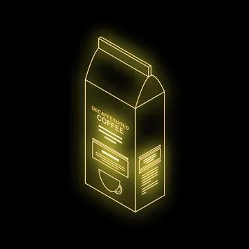 Glowing neon yellow decaffeinated coffee cardboard box on black background Stock Illustration