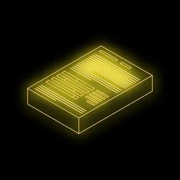 Glowing neon yellow document icon on black background representing electron.. Illustrazione stock