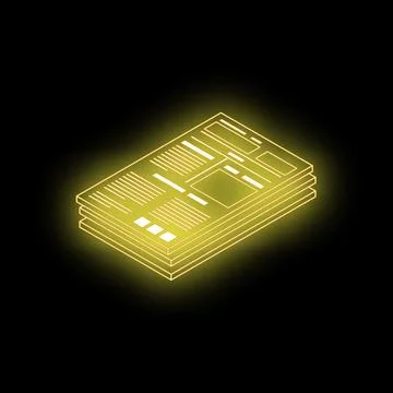 Glowing neon yellow newspaper stack on black background Stock Illustration