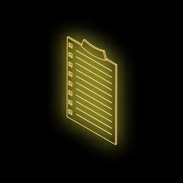 Glowing neon yellow notepad on black background representing planning and o.. Stock Illustration