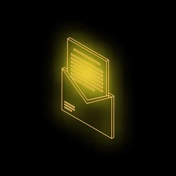 Glowing neon yellow open email envelope with letter inside on black backgroun Stock Illustration