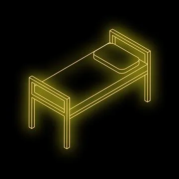 Glowing neon yellow single bed on black background Stock Illustration