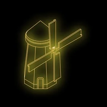 Glowing neon yellow windmill rotating on black background Stock Illustration