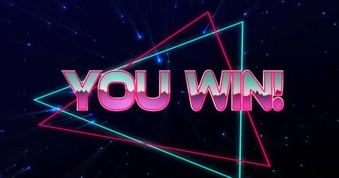 Glowing neon 'YOU WIN!' text pulsing in abstract digital arena, with triangles Stock Illustration