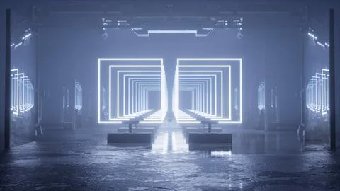 Glowing nested square frames forming a tunnel in a hall Stock Illustration