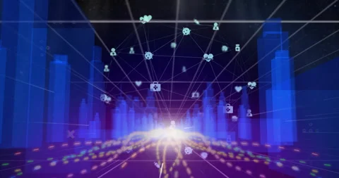 Glowing network connecting chart pillars and node icons expanding across grid Stock Footage 309109427