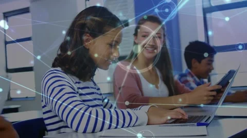 Glowing network of connections against two diverse girls using electronic Stock Footage 330770891