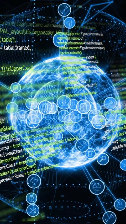 Glowing network connections and data processing animation over programming code Stock Footage 319157134