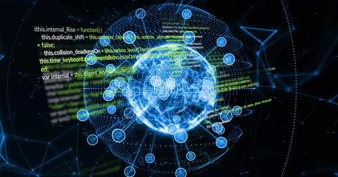 Glowing network connections and data processing image over programming code Foto stock