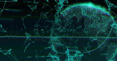 Glowing network globe floating in virtual space, with nodes and horizontal data Stock Photos